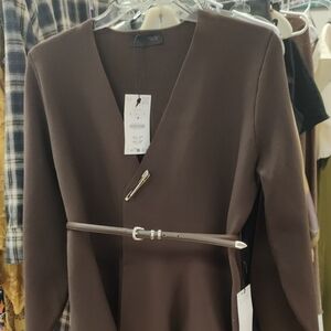 Zara Chocolate Brown Belted Cardigan with Pin Detail